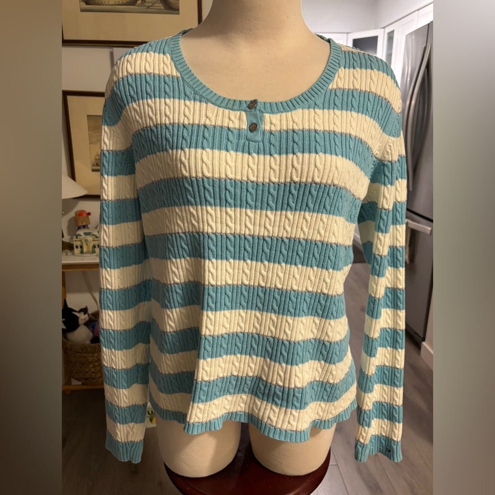 Vintage Tommy H. Y2K Blue and White Striped Women's Cable Knit Sweater. Size XL
